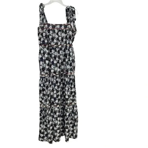WARM Dress Big Love Floral Tiered Tie Shoulder Maxi Dress Size S Black