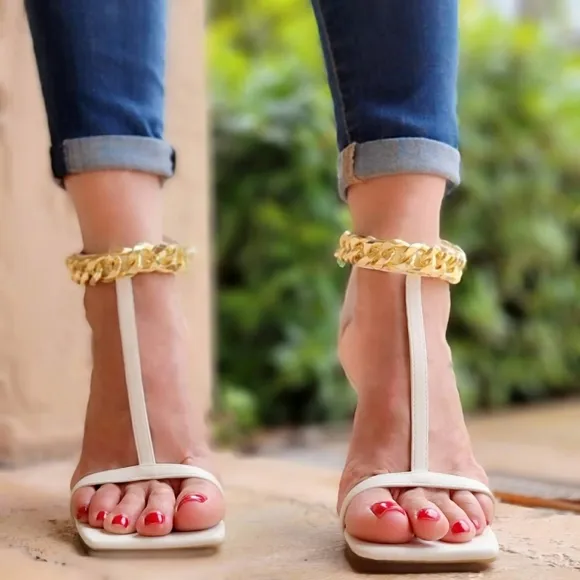 White T Strap Open Toe Ankle Chain Heel