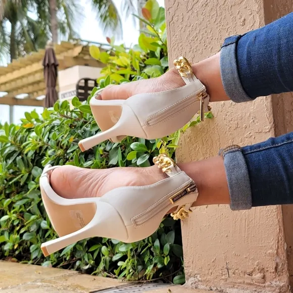 White T Strap Open Toe Ankle Chain Heel