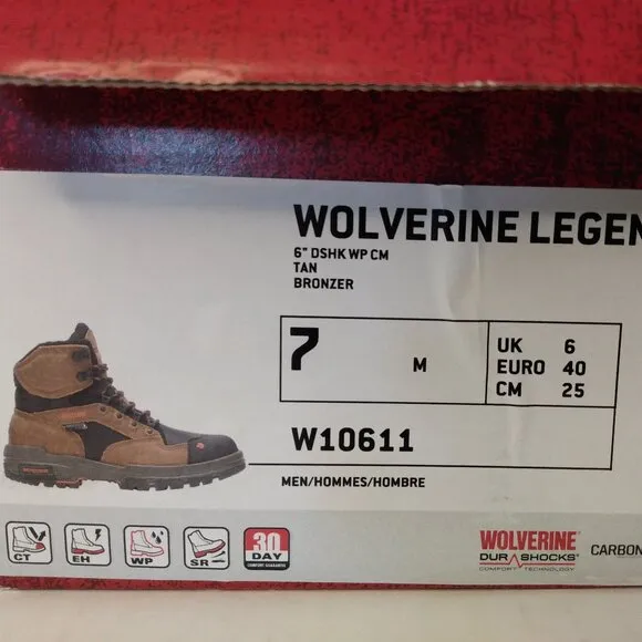 Wolverine DuraShocks Boots Size 7 Legend CarbonMax Leather 6&quot; W10611 CT WP SR EH