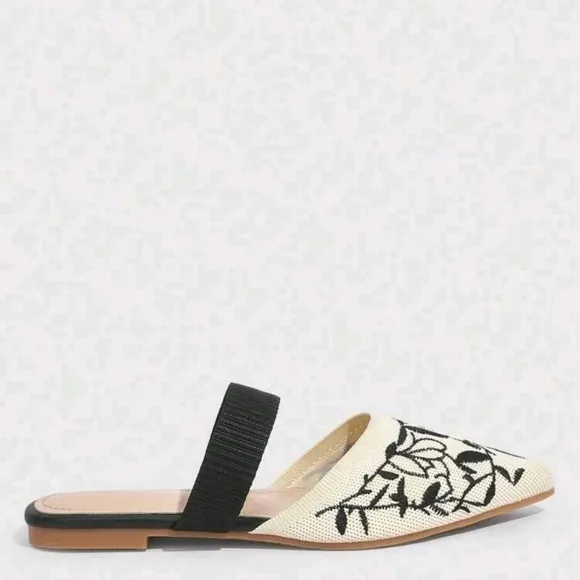 Woman Shoes Floral Embroidered Point Toe Flat Mules For Summer Vacation shoes