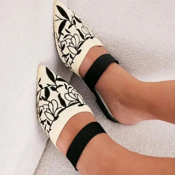 Woman Shoes Floral Embroidered Point Toe Flat Mules For Summer Vacation shoes