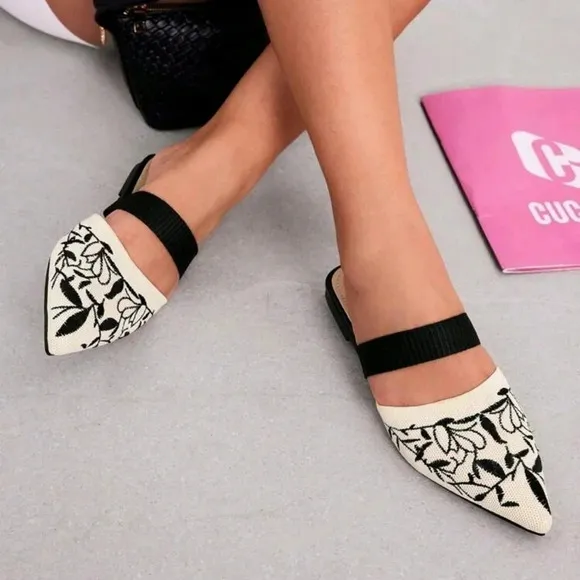 Woman Shoes Floral Embroidered Point Toe Flat Mules For Summer Vacation shoes