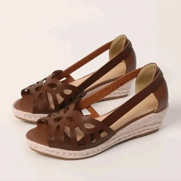 Women Brown Hollow Out Espadrille Wedge Sandals, Fashion Flatform Shoes