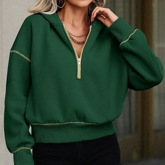 Women Casual Loose Fit Half Zipper Drop Shoulder Sweatshirt, Autumn