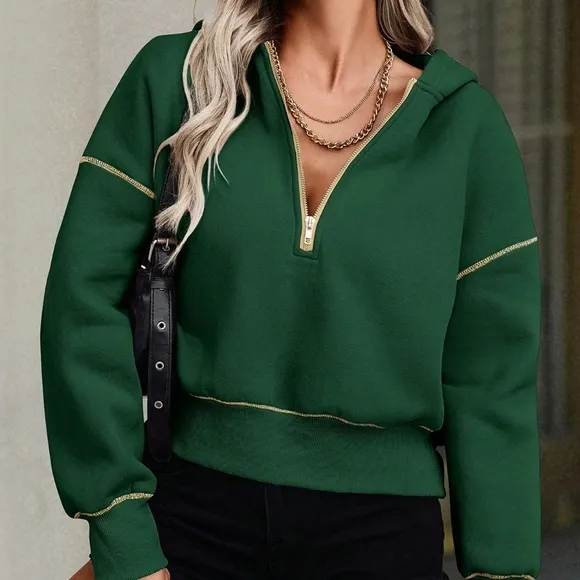 Women Casual Loose Fit Half Zipper Drop Shoulder Sweatshirt, Autumn