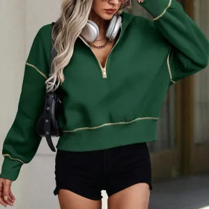 Women Casual Loose Fit Half Zipper Drop Shoulder Sweatshirt, Autumn