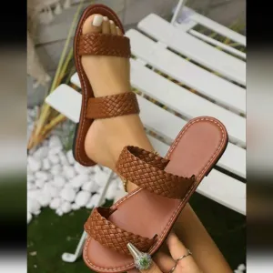 Women Casual Woven Round Toe Flat Slides, One-Piece Slipper, Fashion Minimalist
