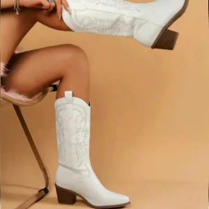 Women Embroidery Detail Chunky Heeled Western Boots, Fashion Boots