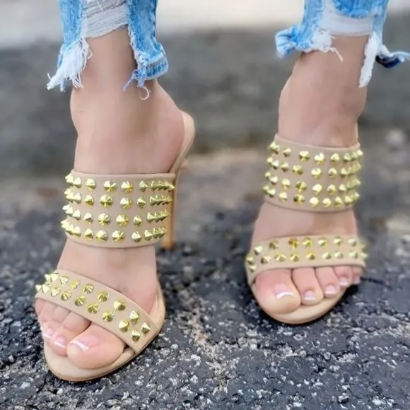 Women Gold Studs Double Band High Heels Sandals Taupe Color