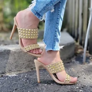 Women Gold Studs Double Band High Heels Sandals Taupe Color