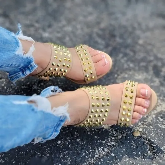 Women Gold Studs Double Band High Heels Sandals Taupe Color