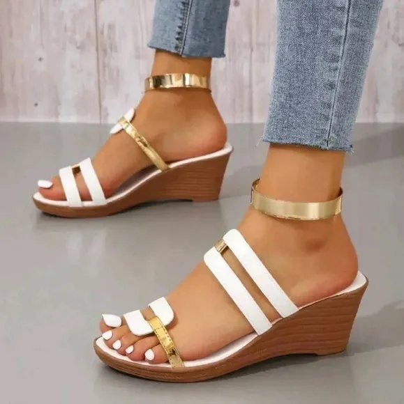 Women Metallic Detail Wedge Slide Sandals, Fashion Summer Sandals