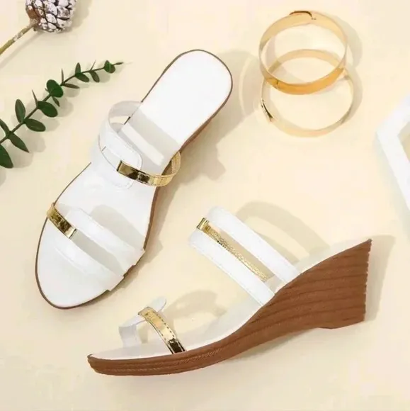 Women Metallic Detail Wedge Slide Sandals, Fashion Summer Sandals