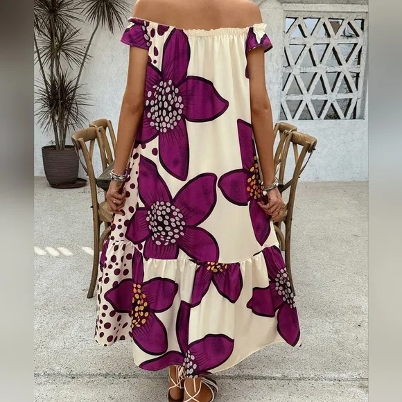 Women\ One Shoulder Printed Casual Vacation Dress With Ruffled Hem