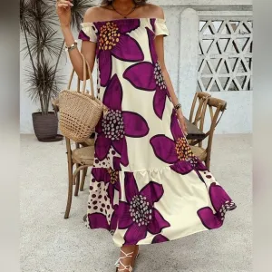 Women\ One Shoulder Printed Casual Vacation Dress With Ruffled Hem