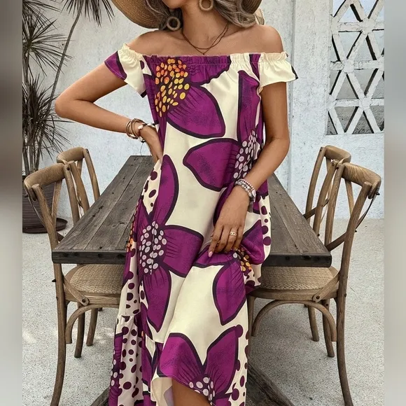 Women\ One Shoulder Printed Casual Vacation Dress With Ruffled Hem