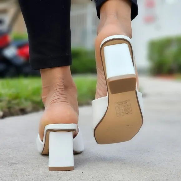 Women Square Toe Sandals Slip On White Color