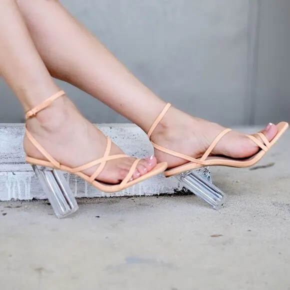 Women Square Toe Clear Block High Heel Sandals Peach Color