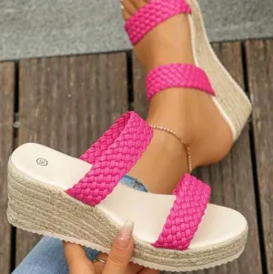 Women Summer Vacation Hot Pink Woven Wedge High Heel Platform Slides