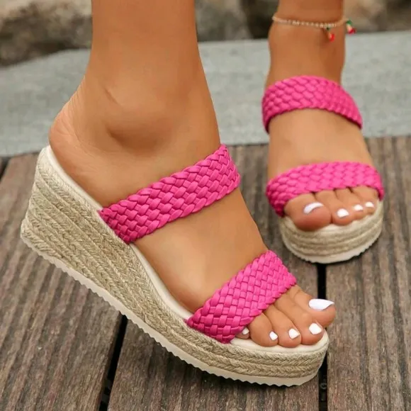 Women Summer Vacation Hot Pink Woven Wedge High Heel Platform Slides