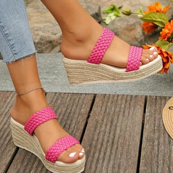 Women Summer Vacation Hot Pink Woven Wedge High Heel Platform Slides