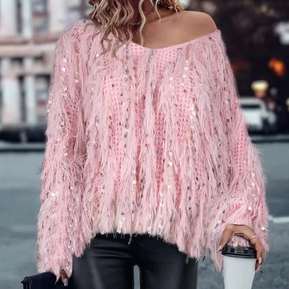 Women V-Neck Long Sleeve Sequin Decoration Pullover Sweater, Casual