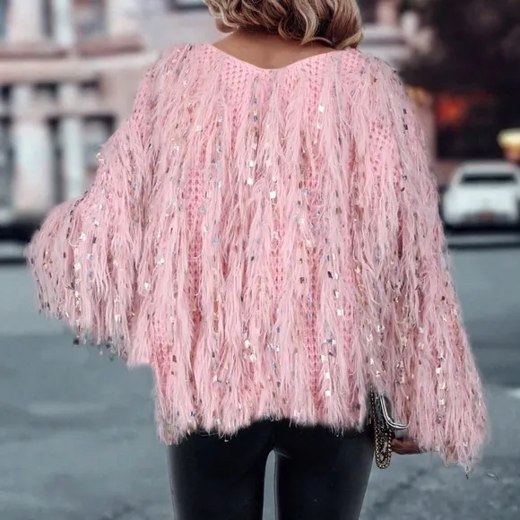 Women V-Neck Long Sleeve Sequin Decoration Pullover Sweater, Casual