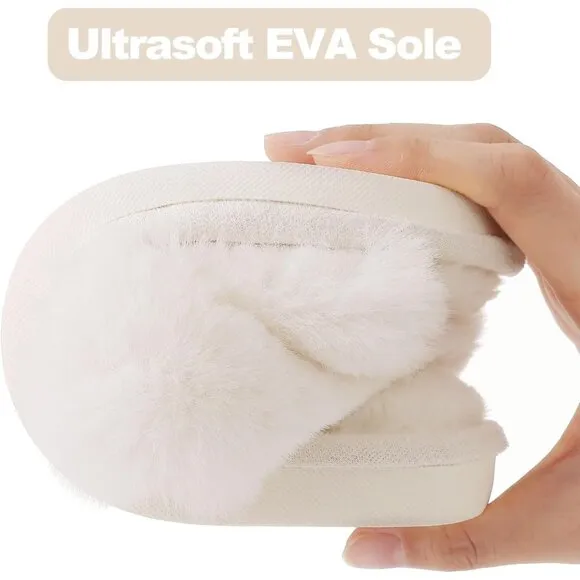 Women White Fuzzy Cross Band Memory Foam House Slippers Open Toe Making Fee Cozy