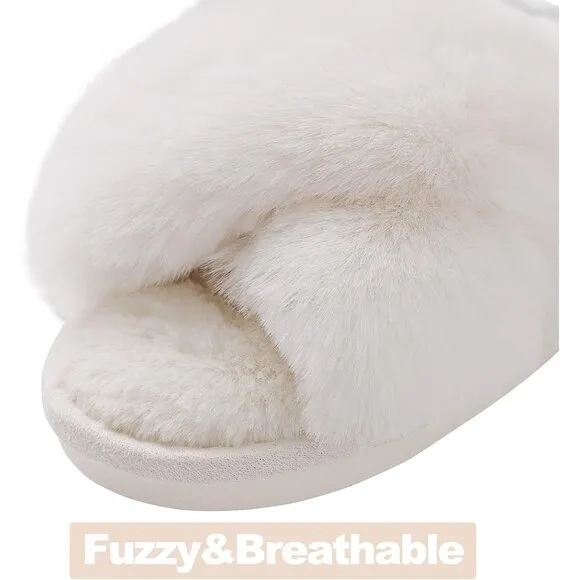 Women White Fuzzy Cross Band Memory Foam House Slippers Open Toe Making Fee Cozy