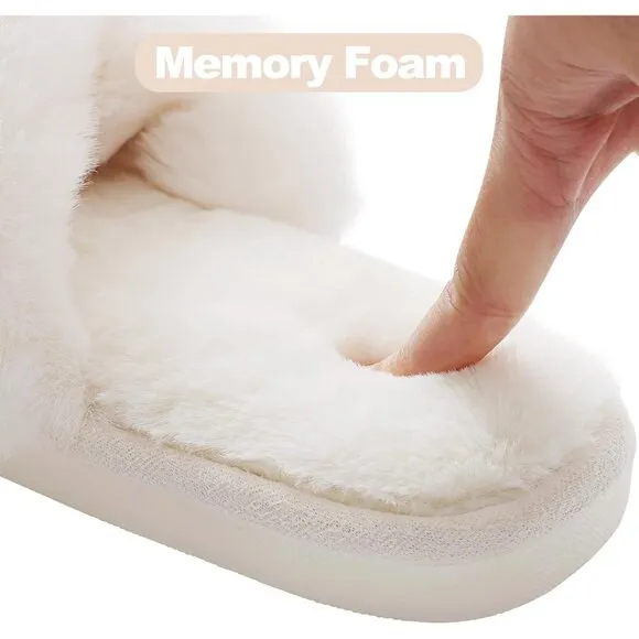Women White Fuzzy Cross Band Memory Foam House Slippers Open Toe Making Fee Cozy