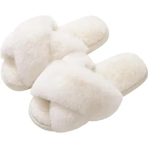 Women White Fuzzy Cross Band Memory Foam House Slippers Open Toe Making Fee Cozy