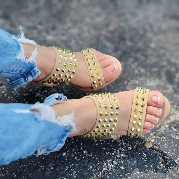 Women Gold Studs Double Band High Heels Sandals Taupe Color