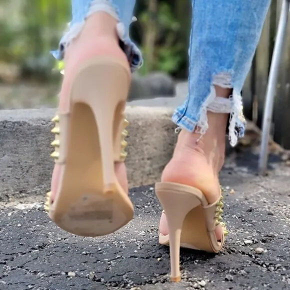 Women Gold Studs Double Band High Heels Sandals Taupe Color