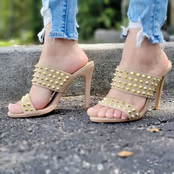 Women Gold Studs Double Band High Heels Sandals Taupe Color