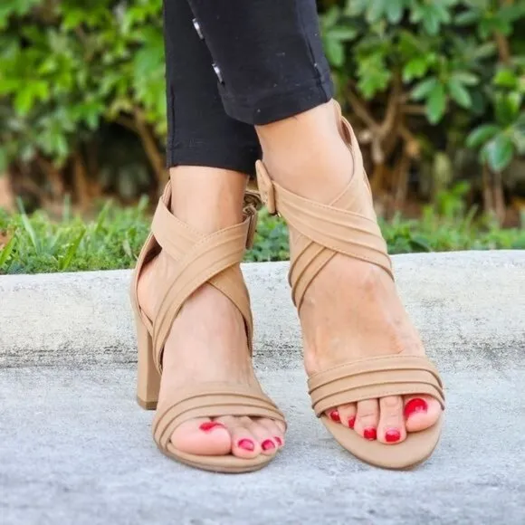 Women's Ankle Strap‎ Block Heel Dress Sandals Natural Color