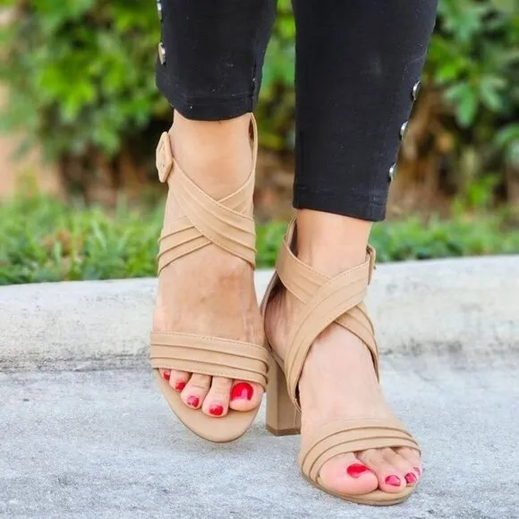 Women's Ankle Strap‎ Block Heel Dress Sandals Natural Color