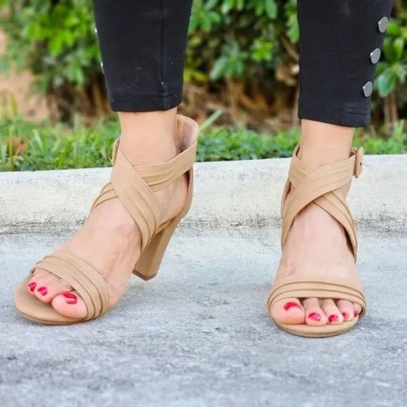 Women's Ankle Strap‎ Block Heel Dress Sandals Natural Color