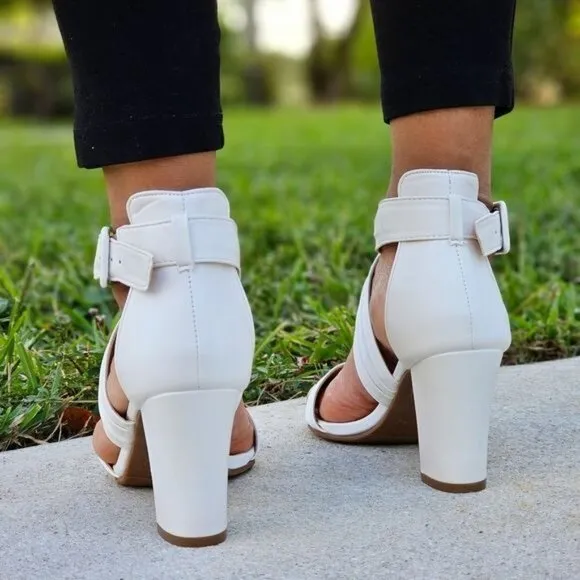 Women's Ankle Strap Block Heel Dress Sandals White Color