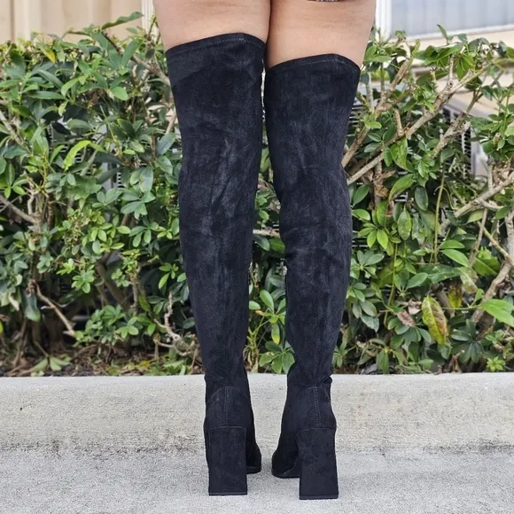 Women's Black Over The Knee pointed Chunky Block Heel Boots