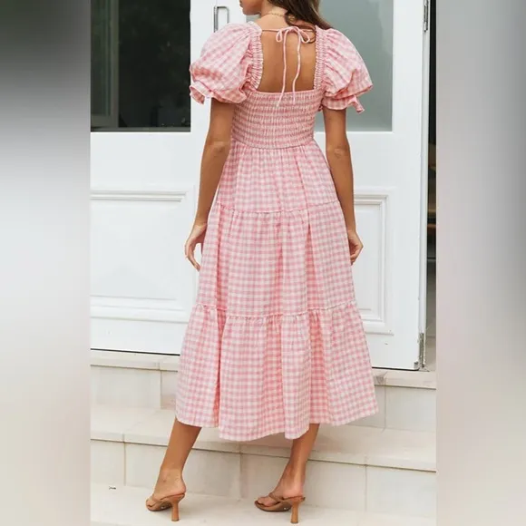 Women's Bohemian Summer Plaid Square Neck Puff Sleeve Ruffle Flowy Midi Dress