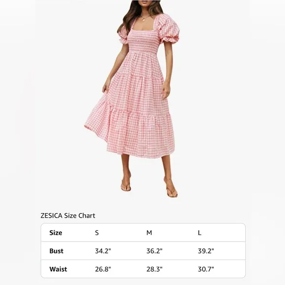 Women's Bohemian Summer Plaid Square Neck Puff Sleeve Ruffle Flowy Midi Dress