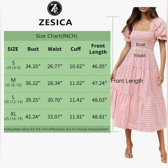 Women's Bohemian Summer Plaid Square Neck Puff Sleeve Ruffle Flowy Midi Dress