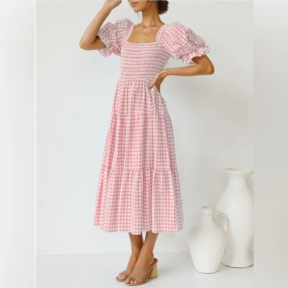 Women's Bohemian Summer Plaid Square Neck Puff Sleeve Ruffle Flowy Midi Dress