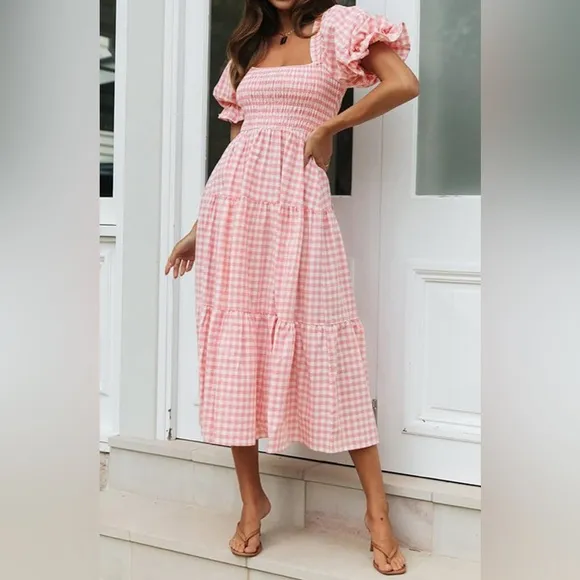 Women's Bohemian Summer Plaid Square Neck Puff Sleeve Ruffle Flowy Midi Dress