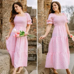 Women's Bohemian Summer Plaid Square Neck Puff Sleeve Ruffle Flowy Midi Dress