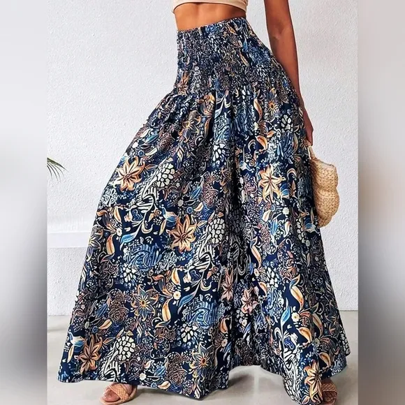 Women's Boho Allover Printed Shirred Skirt, Summer Daily Vocation