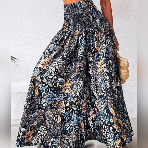 Women's Boho Allover Printed Shirred Skirt, Summer Daily Vocation