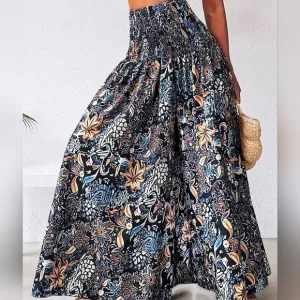Women's Boho Allover Printed Shirred Skirt, Summer Daily Vocation