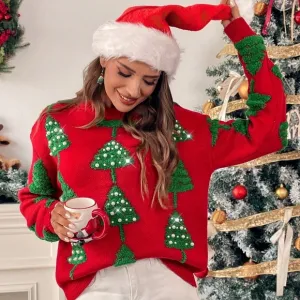 Women's Casual Round Neck Drop Shoulder Long Sleeve Christmas Tree Pattern